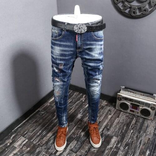 Italian Fashion Men Jeans Retro Blue Elastic Slim Fit Ripped Denim Trousers High Quality Spliced Designer Hip Hop Biker Pants