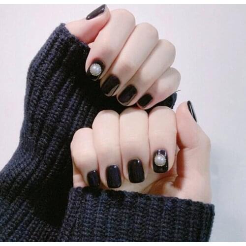 24pcs Black Round Head False Nails Artificial Plastic Press On Fake Nails Pearl Decoration Design Nail Extension Sexy Manicure