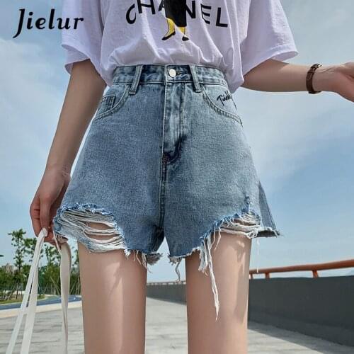 Jielur Black Casual Ripped Denim Shorts Women Thin High-waisted Wide-leg Womens Jeans Patch Designs Jeans Blue Summer S-XL