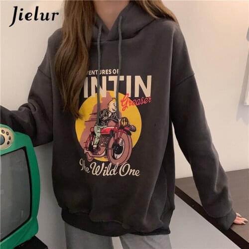 Jielur New Winter Harajuku Fleece Hoodies Female Cute Cartoon Print Womens Sweatshirt Loose Dark Gray Hooded Pullovers M-XL