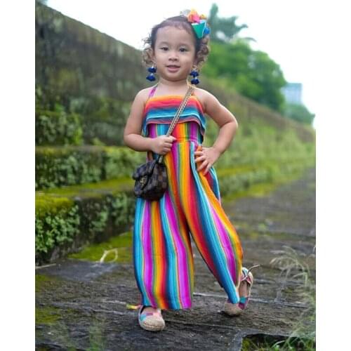 Fashion Striped Toddler Kid Baby Girl Romper Harem Pants Jumpsuit Outfit Clothes Rainbow multicolor girls overalls outwear