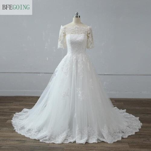 Ivory Lace Short Sleeves Off the shoulder Bridal gown Floor-Length A-line Wedding dress Chapel Train Custom made