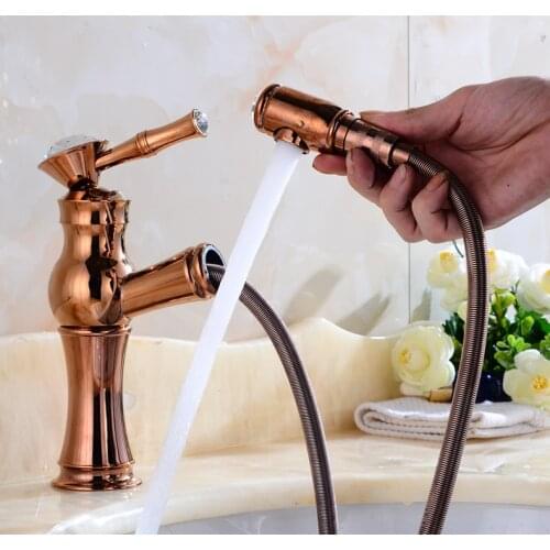 5 Color Kitchen pull out type faucet mixer Rose Gold, all copper sinks washing hot and cold water tap,Vintage shower faucet gold
