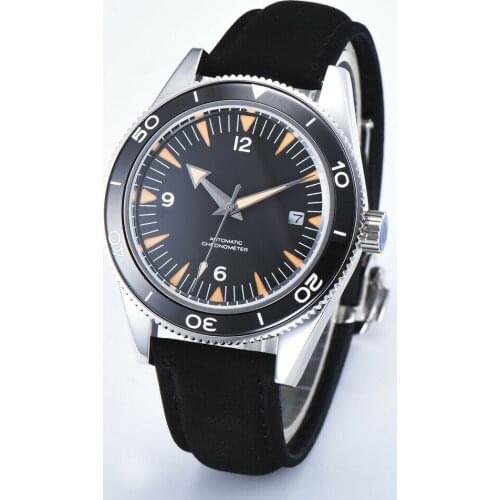 41mm Corgeut Automatic Mens Watch Japan NH35 Movement Black Sandwich Dial Sapphire Glass Date Leather Strap 100m Waterproof