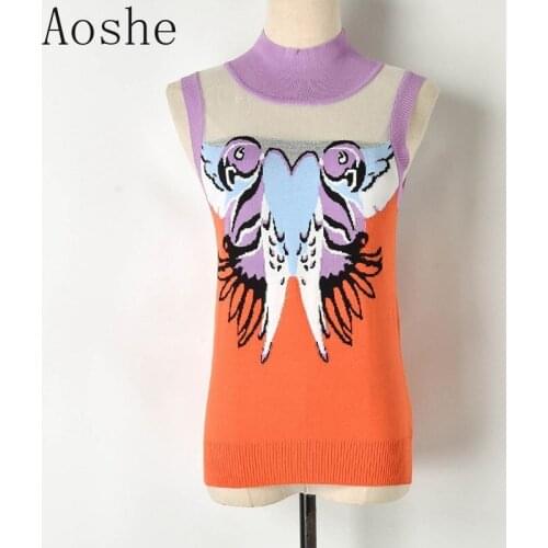 2019 New Sweater Semi-high Collar Parrot Jacquard Eugen Yarn Perspective Stitching Sleeveless Vest Thin Sweater