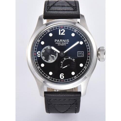 New Parnis 46.5mm Black Dial Automatic Men Watch Power Reserve Calendar Mechanical Mens Watches reloj hombre marca de lujo 2020