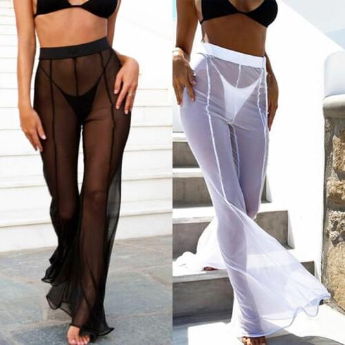 New Womens Beach Mesh Sheer Bikini Cover Up Swimwear Transparent Long Pant Soft Solid Trousers Ruffle Bottoms Plus Size Loose