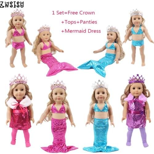 Doll Clothes Mermaid Dress Set/4 Pcs Crown Party Wedding Christmas Gifts For 18 Inch American&43 Cm Born Doll For Generation Gir