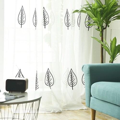 Pastoral Embroidery Black Leaf Tulle Sheer Window Treatments Curtain for Living Room White Yarn for Bedroom Fabric Finished