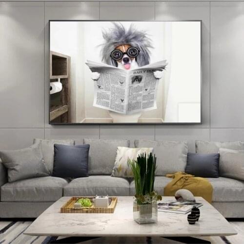Animal Poster Dog Reading Newspaper Canvas Painting Funny Dog Toilet Posters and Prints Wall Pictures for Living Room Home Decor