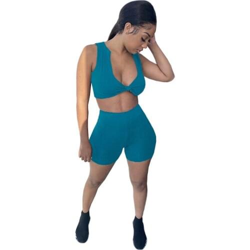 Casual Sportswear Solid Shorts Set Women Summer Lounge wear Sexy Twist Deep V Neck Crop Top + Biker Shorts Two Piece Set Outfit