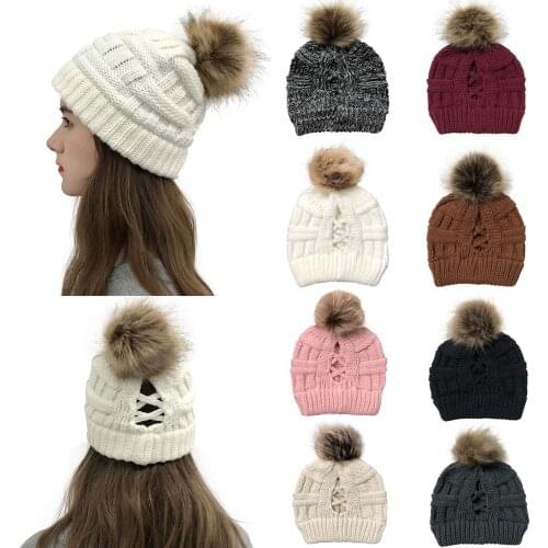 Ladies Girl Ponytail Beanie Hat Women Stretch Knitted Soft Crochet Beanies Cap Warm Hat For Autumn Winter Hole Tail Messy Hair