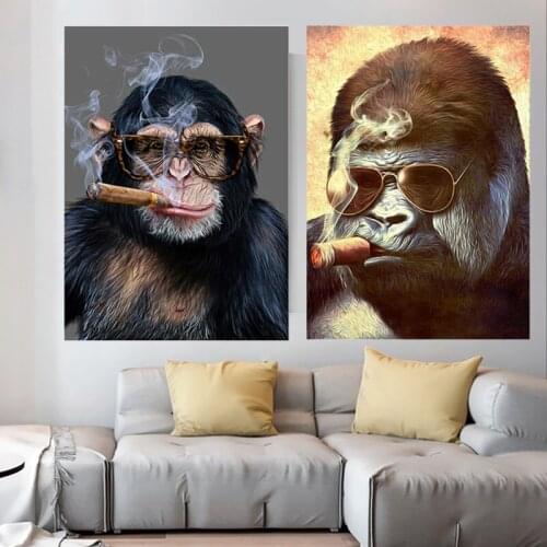 Modern Cool Monkey and Gorilla Smoking Canvas Painting Wall Art Nordic Posters and Prints Wall Pictures for Living Room Decor