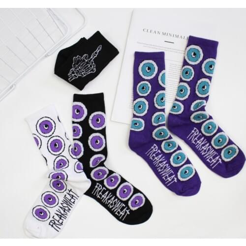Funny Socks Japanese Harajuku Street Letters Purple Eyeballs Tide Brand Men And Women Stocks Spring And Autumn Winter Socks