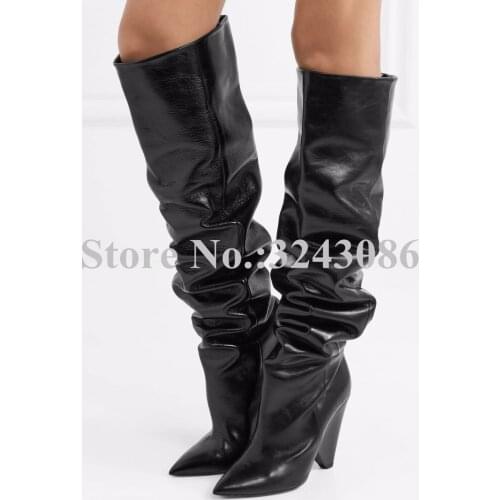 New Spike Heel Leather Knee Boots Woman Sexy Pointed Toe Crystal Long Boots Celebrity Popular Banquet Shoes Dropship