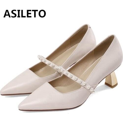 ASILETO 2021 New Genuine Leather Concise Pumps Pointed Toe Slip On Beading 6cm Strange Heel Shoes Size 33-40 Black Beige A4286