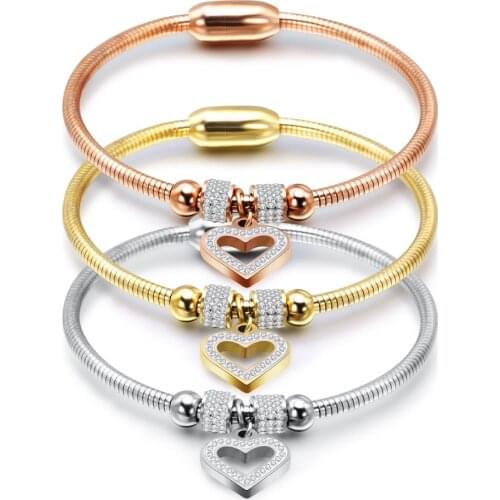 New Style Heart Crystal Charm Bracelet Bangles Magnet Clasp With Snake Chain 316L Stainless Steel Women Wedding jewelry
