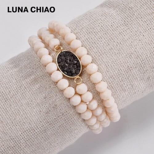 Luna Chiao Three Pieces a SET Stacked Crystal Beaded Oval Stone Stretch Bracelets for Women