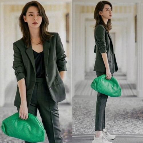 S-XL Plus Size Spring Winter Casual Office Work Slim Two Piece Set Green Blazer and Pencil Pants Ladies Solid Korean 2 Piece Set