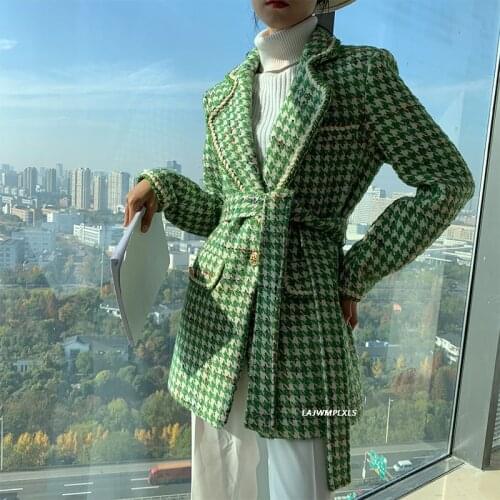 2021 Spring High quality classic Design Green Tweed Blazer Jackets with belt Women Slim Fit Clothes Autumn Female Fashion Coats