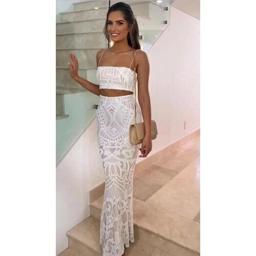 2019 New Elegant Graceful Sequined Spaghetti Strap Party Celebrity Women Wholesale Evening Long Dress 2 Pieces White Dress Set