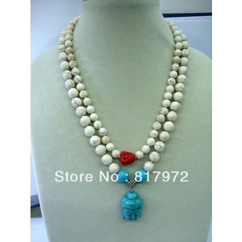 Woman 2 rows necklace white round bead red buddha head stone mixed blue buddha head pendant necklace