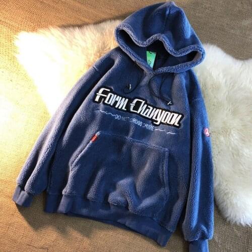 Winter Lamb Velvet Hoodies Sweatshirts Plus Velvet Thick Loose Harajuku Letter Printing Drawstring Pocket Decoration Y2k Tops