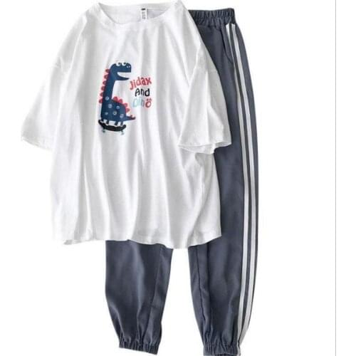 Kawaii Dinosaur Women 2 Pcs Set Home Wear Sleepwear Sets For Femal Pijamas Lovely Pattern Pajamas Plus Size 2XL Girls Set Outfit