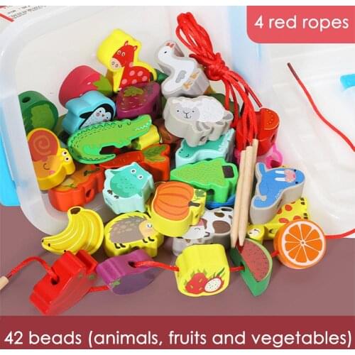 42 Pcs Baby DIY Cartoon Animals Fruits Lacing Beads Toys Threading Stringing Games Kids Wooden Monterssori Educational Toys