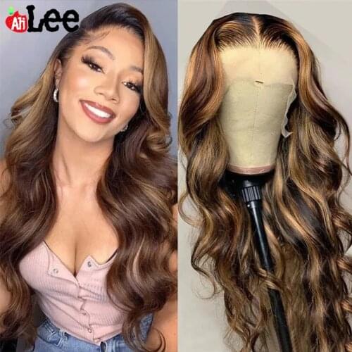 AliLee 13x4 Highlight Colored Human Hair Lace Front Wigs Pre Plucked Ombre Body Wave Peruvian Remy Body Wigs For Women