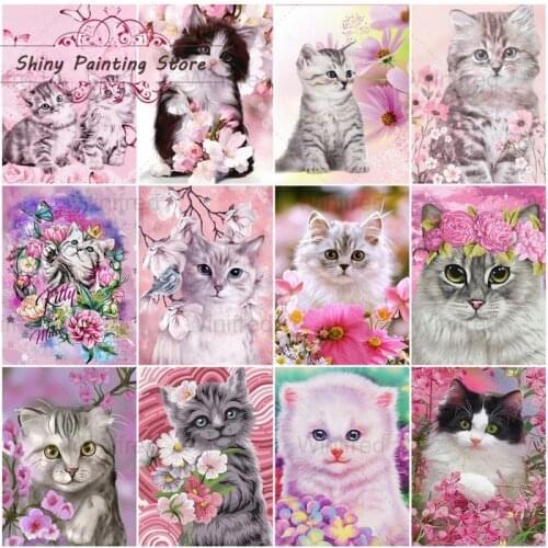 5D DIY Pink Diamond Painting Cat Kitten Cross Stitch Kit Diamond Embroidery Animal Full Square Round Drill Mosaic Picture Decor