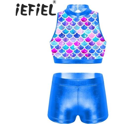 Sequins Girls Kids Ballet Gymastics Workout Outfits Kids Children Ballet Dance Tank Tops with Shorts Performance Dancewear