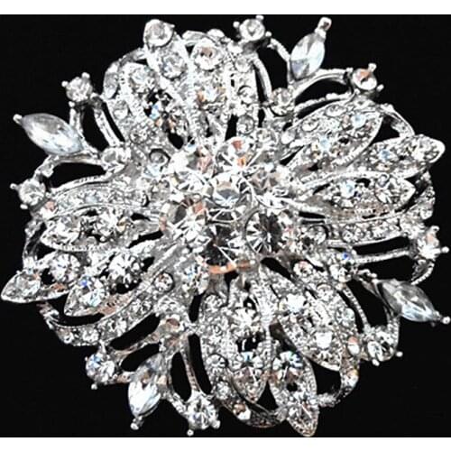 DHL Fedex Free Shipping Wholesale Vintage Silver Color Clear Crystal 2.2 Inch Flower Pin Brooch Women Brooch