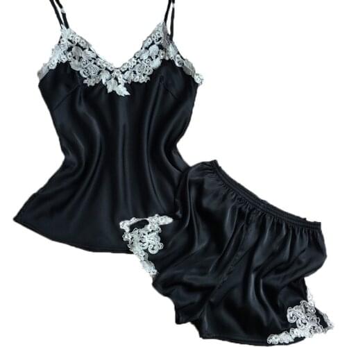 Free Shipping 2016 Best Selling Sleepwear Sexy Pajama Set High Quality Embroidery Lace Flower Edge Black Nightwear Pyjama Set