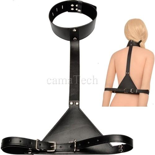 CamaTech Leather Neck Collar To Handcuffs Locking Neck Slave Fetish Bondage Restraint BDSM Adult Game Erotic Sex Toy For Couples