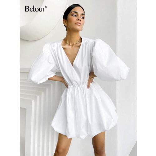 Bclout Elegant White Pink V Neck Bodycon Dress Women 2021 Summer Puff Sleeve Short Dress Casual A-Line Pleated Vestido Lady