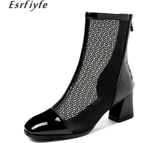 ESRFIYFE 2021 New Mesh Net Boots Women Shoes Summer Ankle Boots Thick Heels Square Toe Sexy Chelsea Boots Female Party Boots