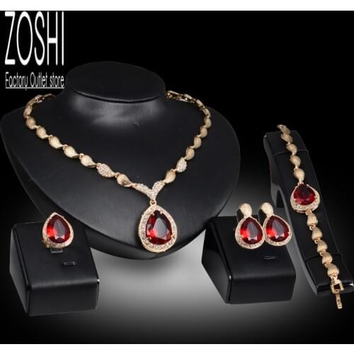 Womens Jewelry Set Wedding Party Water drop Red CZ Crystal Necklace Earrings Bracelet Ring High Quality Indian Gold Jewelry Set
