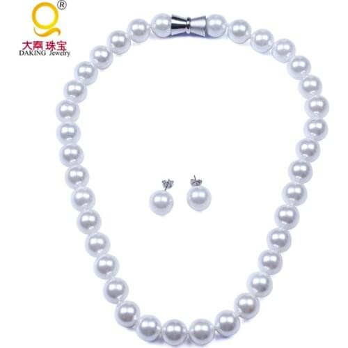 Fashion new 12mm pearl shell necklaces earrings sets perfect round white mother of pearl bridal wedding jewelry sets