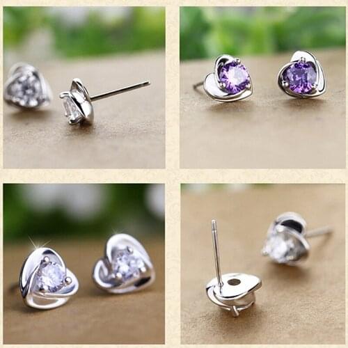 New Small White Purple Crystal Earrings For Women Lovely Heart Shaped CZ Zircon Earrings Party Birthday Jewelry