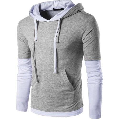Mens Hooded T-Shirt Long Sleeved Patchwork Pullover T-Shirt with Drawstring Casual Color Matching Slim Type Tops