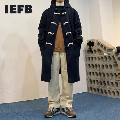 IEFB Mens Winter Woolen Korean Fashion Knee Length Windbreaker Loose Hooded Casual Thickened Woollen Middle Long Coats 9Y8439