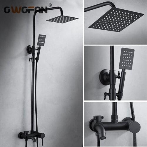 Brass Matte Black Shower Set Bathroom Waterfall Faucet Wall Mount Rain Shower System Set Single Handle Mixer Shower Head