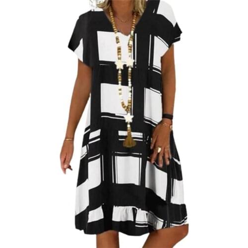 T-shirt Dress Plaid Soft Women V Neck Short Sleeve Dress for Dating