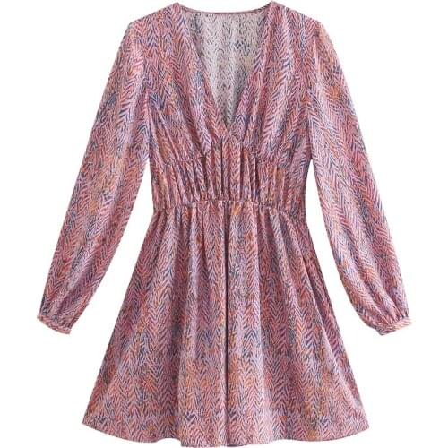 Women Vintage Printed A Line Mini Dress Sexy V Neck Lantern Long Sleeve Dresses Female Chic Elastic Waist Dresses