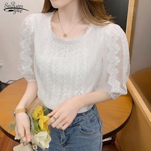 Puff Sleeve O-neck Collar Women Tops Ladies Pink Lace Blouse Elegant Patchwork Crochet Women Shirt Plus Size Blusas Mujer 14671