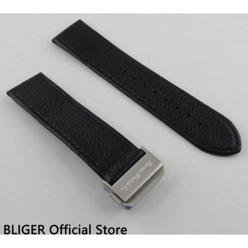 1PCS BLIGER 22MM Black Genuine Leather Strap Deployment Clasp Watch Band Stainless Steel Buckle Fit For Automatic Mens Watch S1