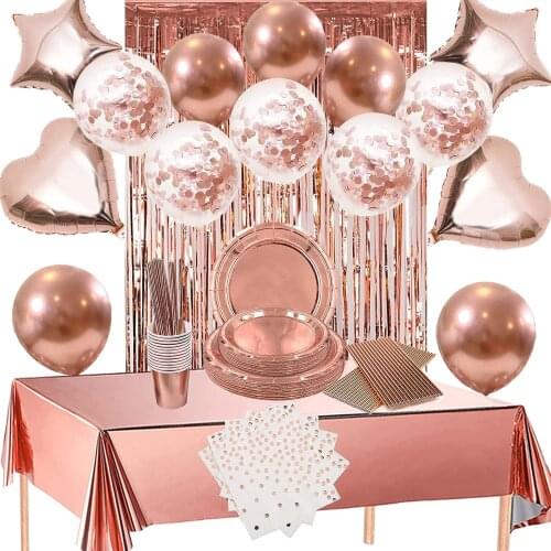 Rose Gold Party Supplies Disposable Tableware Plates Dessert Plates Napkins Straws Birthday Baby Shower Balloons Decorations