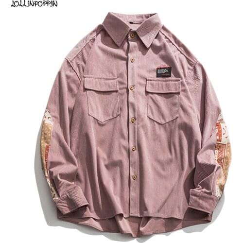 Men Pink Corduroy Casual Shirt Long Sleeves 2021 New Streetwear Paisley Pattern Elbow Patch Vintage Overshirt Loose Fit