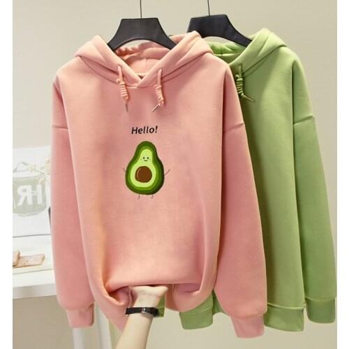 Avocado Graphics Print Hello Letter Warm Sweatshirt Casual Streetwear Drawstring Pullover Fleece Kawaii Oversized Hoodie Kpop